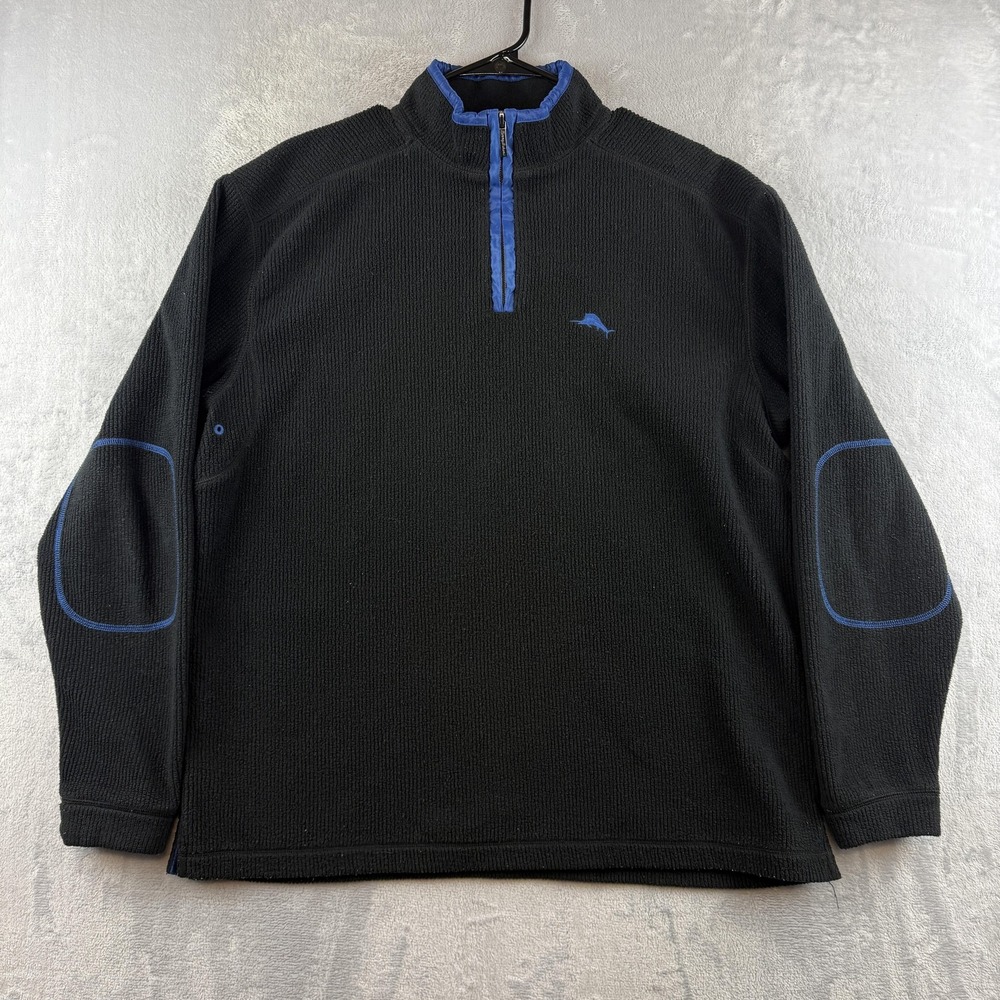 Tommy Bahama Sweater Mens Medium Black Quarter Zip Pullover Fleece Marlin Logo - Picture 2 of 8